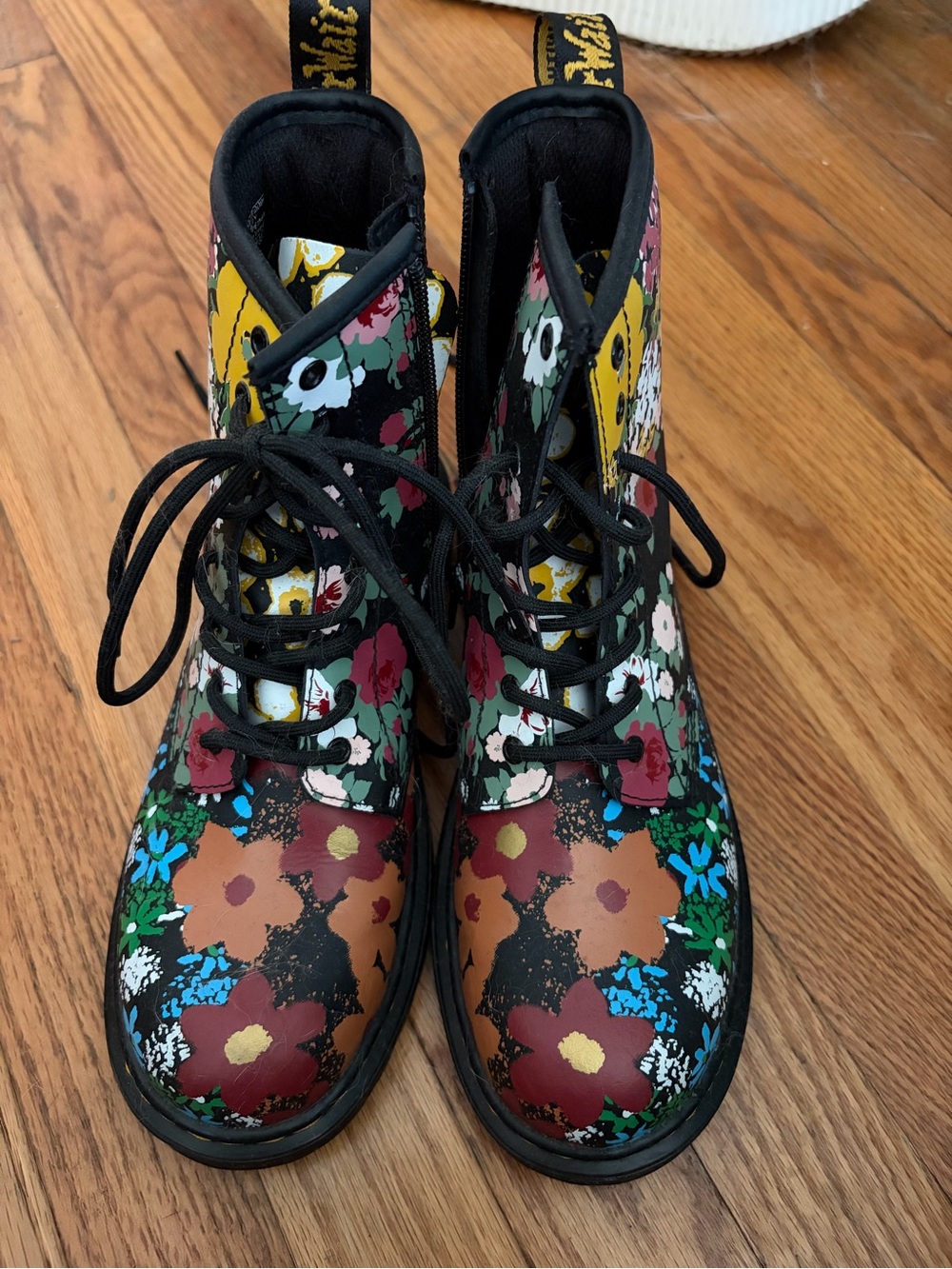 Doc Martens Floral Combat Boots in Black with Multicolor Flowers